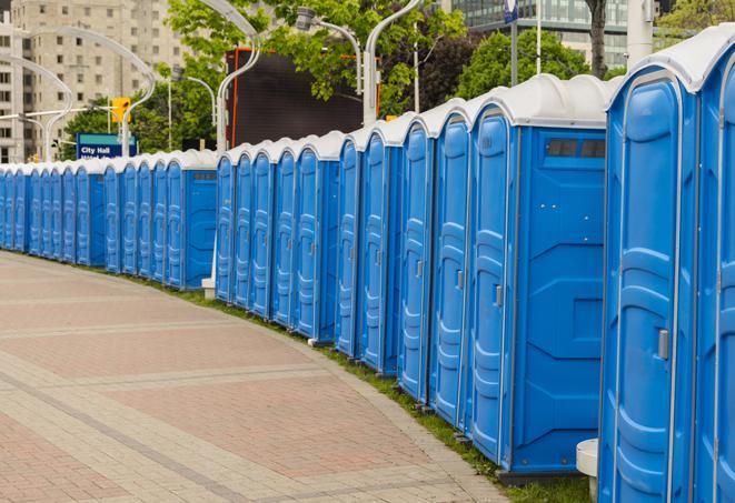 a line of portable restrooms at an outdoor wedding, catering to guests with style and comfort in Clawson, MI